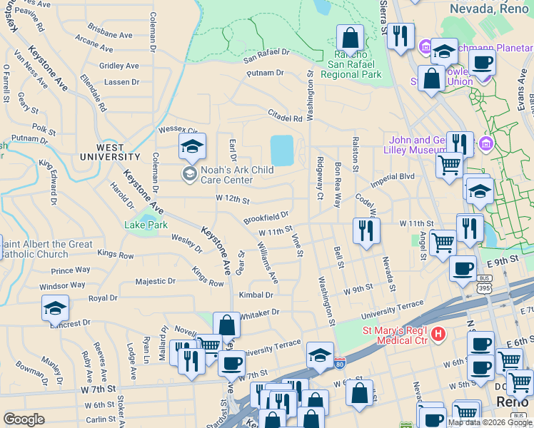 map of restaurants, bars, coffee shops, grocery stores, and more near 825 Brookfield Drive in Reno