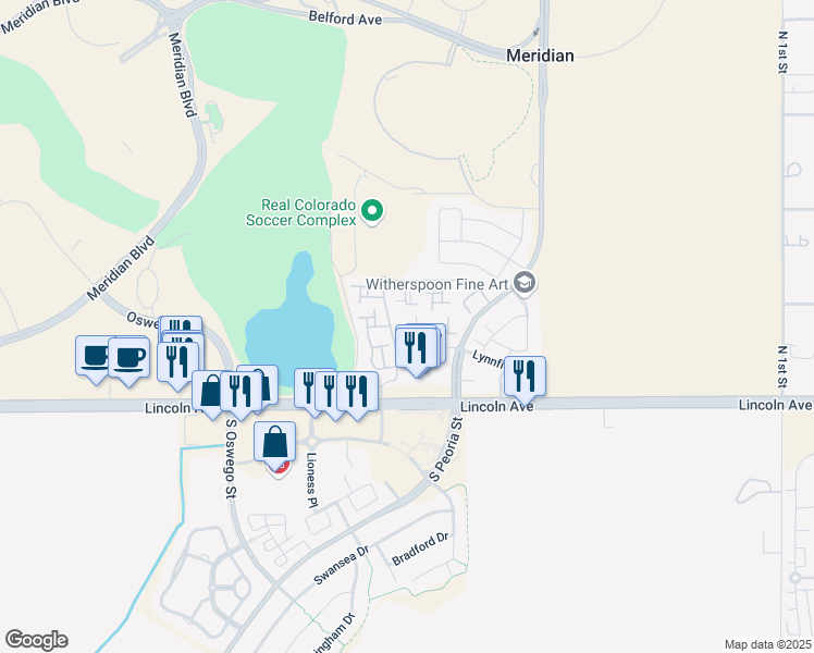 map of restaurants, bars, coffee shops, grocery stores, and more near 9875 Jefferson Pkwy in Englewood