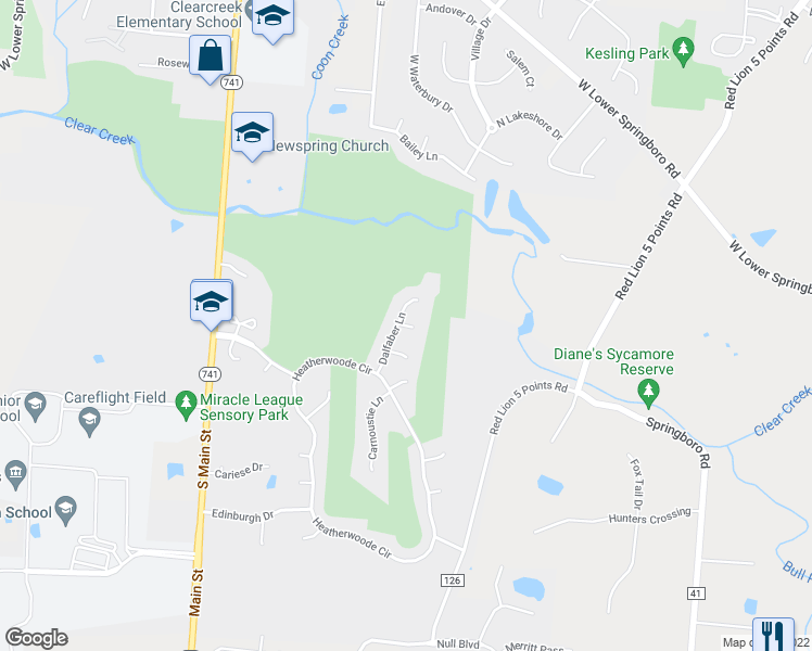 map of restaurants, bars, coffee shops, grocery stores, and more near 10 Perth Court in Springboro