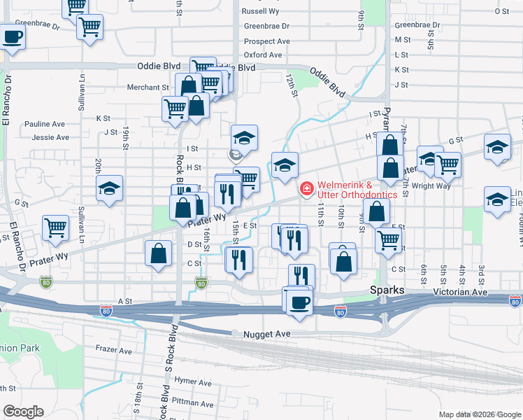 map of restaurants, bars, coffee shops, grocery stores, and more near 521 13th Street in Sparks