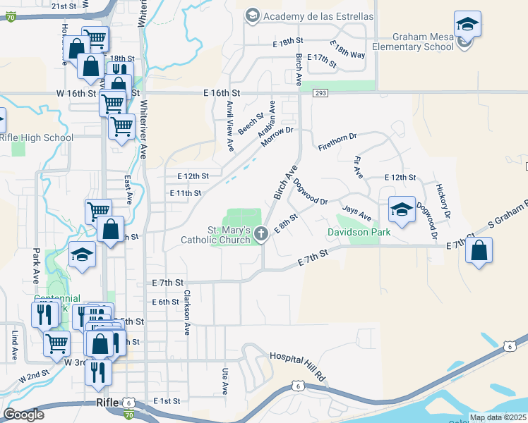 map of restaurants, bars, coffee shops, grocery stores, and more near 827 Birch Avenue in Rifle