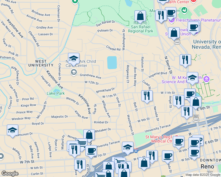 map of restaurants, bars, coffee shops, grocery stores, and more near 775 Brookfield Drive in Reno