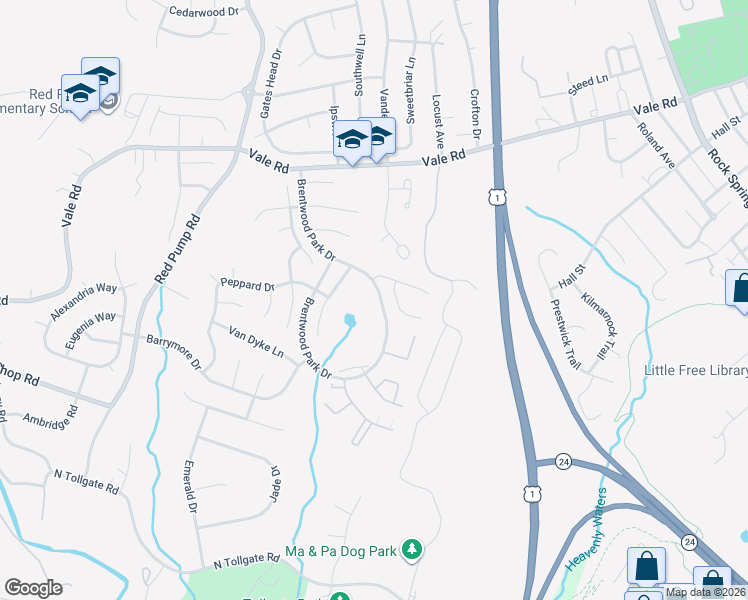 map of restaurants, bars, coffee shops, grocery stores, and more near 822 Brentwood Park Drive in Bel Air