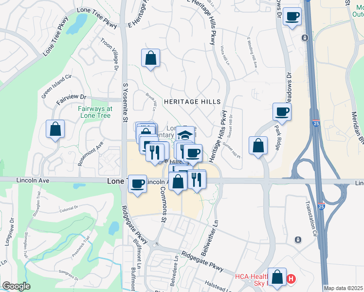 map of restaurants, bars, coffee shops, grocery stores, and more near 9375 Heritage Hills Circle in Lone Tree