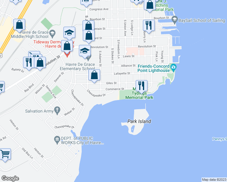 map of restaurants, bars, coffee shops, grocery stores, and more near 14 Chesapeake Drive in Havre de Grace