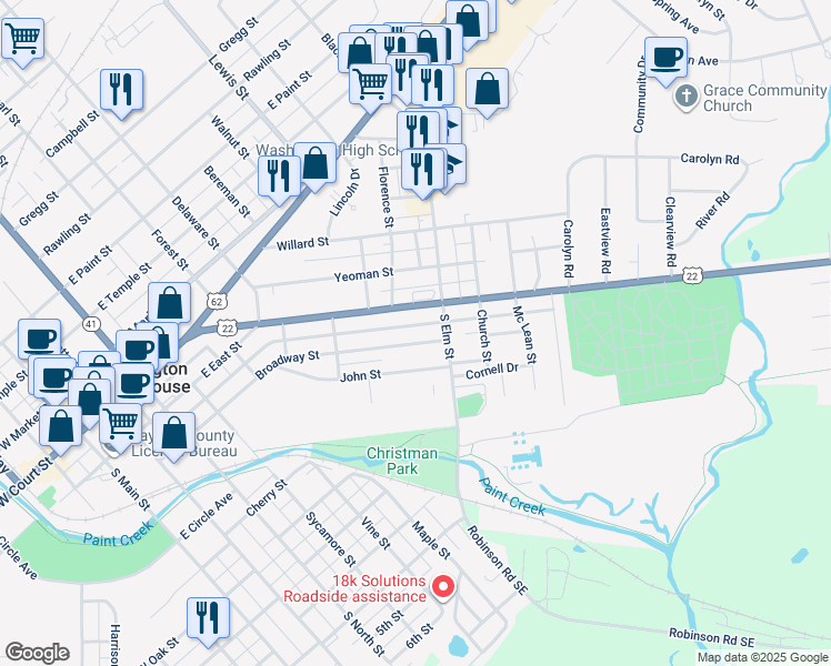 map of restaurants, bars, coffee shops, grocery stores, and more near 1020 Broadway Street in Washington Court House