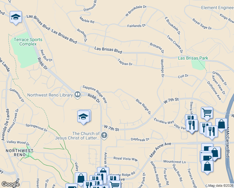 map of restaurants, bars, coffee shops, grocery stores, and more near 5985 Blue Canyon Drive in Reno