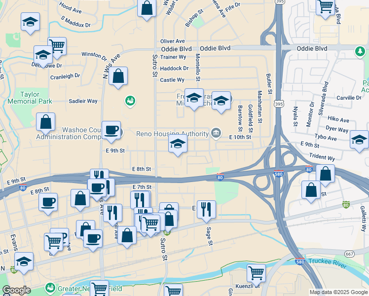 map of restaurants, bars, coffee shops, grocery stores, and more near 1351 East 9th Street in Reno