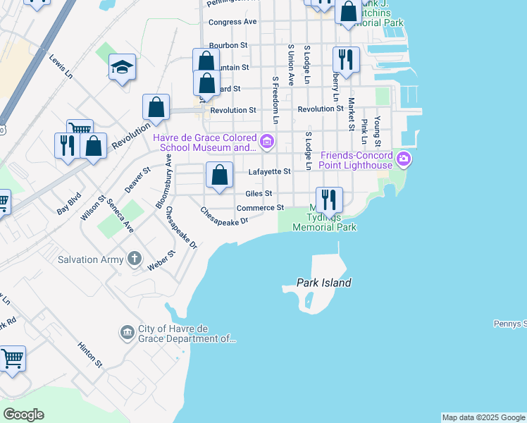 map of restaurants, bars, coffee shops, grocery stores, and more near 11 Chesapeake Drive in Havre de Grace