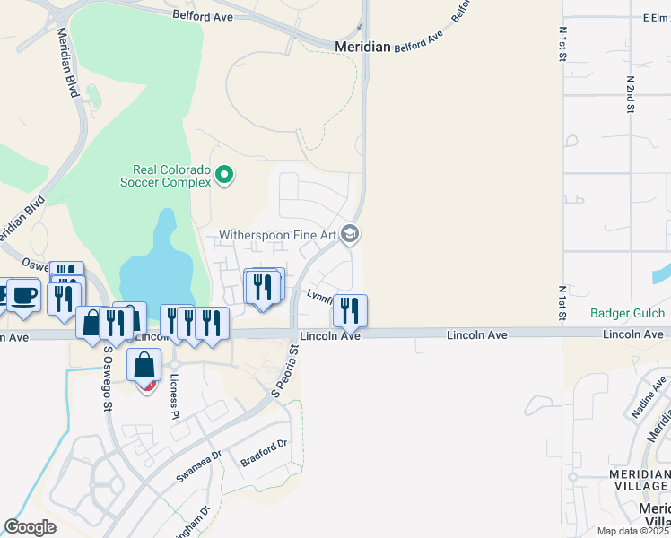 map of restaurants, bars, coffee shops, grocery stores, and more near 12834 Mayfair Way in Englewood