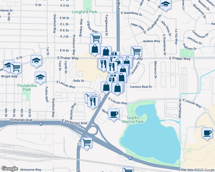 map of restaurants, bars, coffee shops, grocery stores, and more near 631 Alley No 2 in Sparks