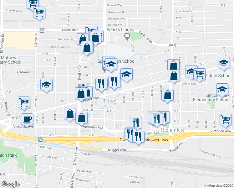 map of restaurants, bars, coffee shops, grocery stores, and more near 521 13th Street in Sparks