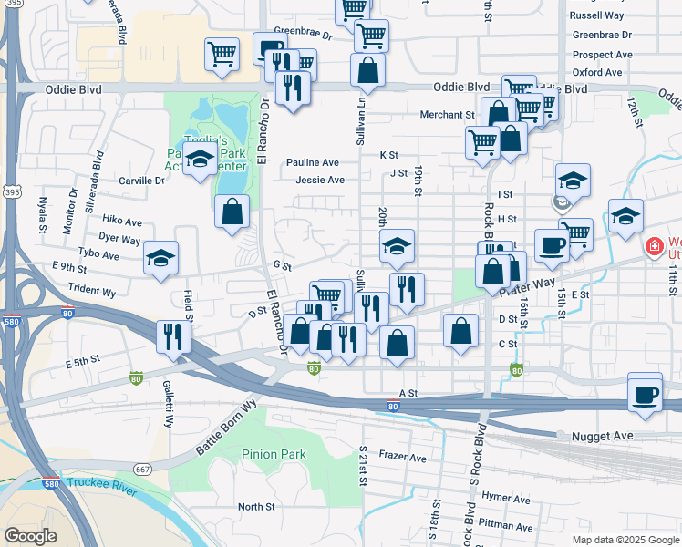 map of restaurants, bars, coffee shops, grocery stores, and more near 445 Sullivan Lane in Sparks