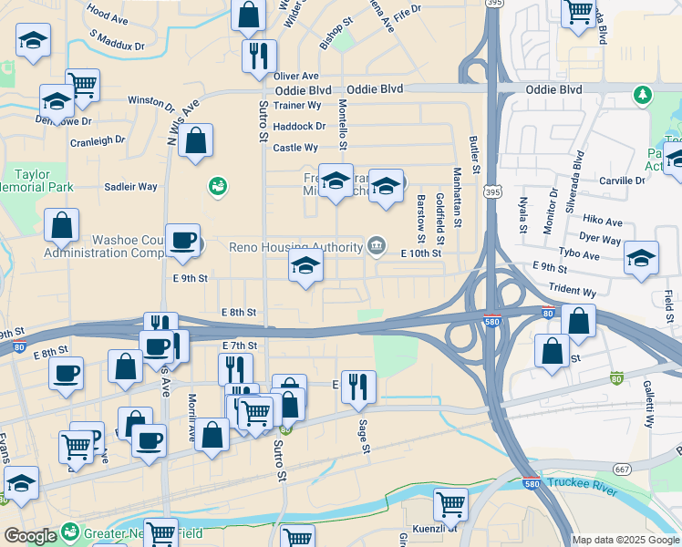 map of restaurants, bars, coffee shops, grocery stores, and more near in Reno