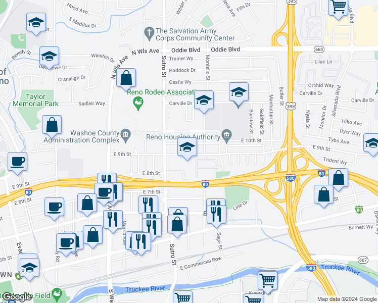 map of restaurants, bars, coffee shops, grocery stores, and more near 1351 East 9th Street in Reno