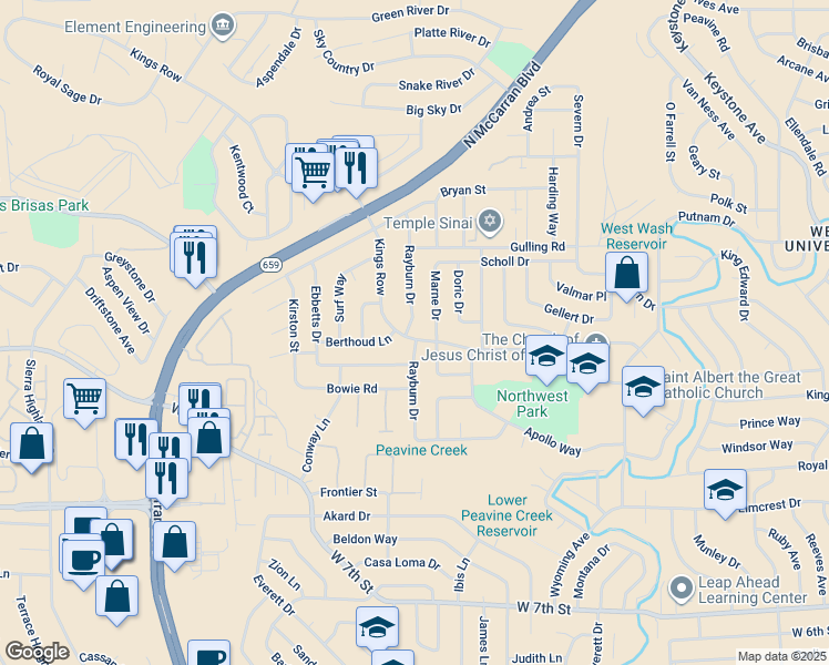 map of restaurants, bars, coffee shops, grocery stores, and more near 3145 Kings Row in Reno