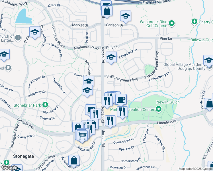 map of restaurants, bars, coffee shops, grocery stores, and more near 9579 Deer Horn Court in Parker