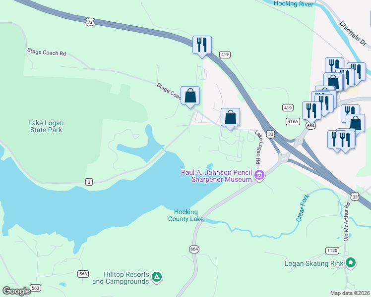 map of restaurants, bars, coffee shops, grocery stores, and more near 30485 Lake Logan Road in Logan