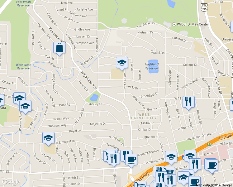 map of restaurants, bars, coffee shops, grocery stores, and more near 1340 Williams Circle in Reno