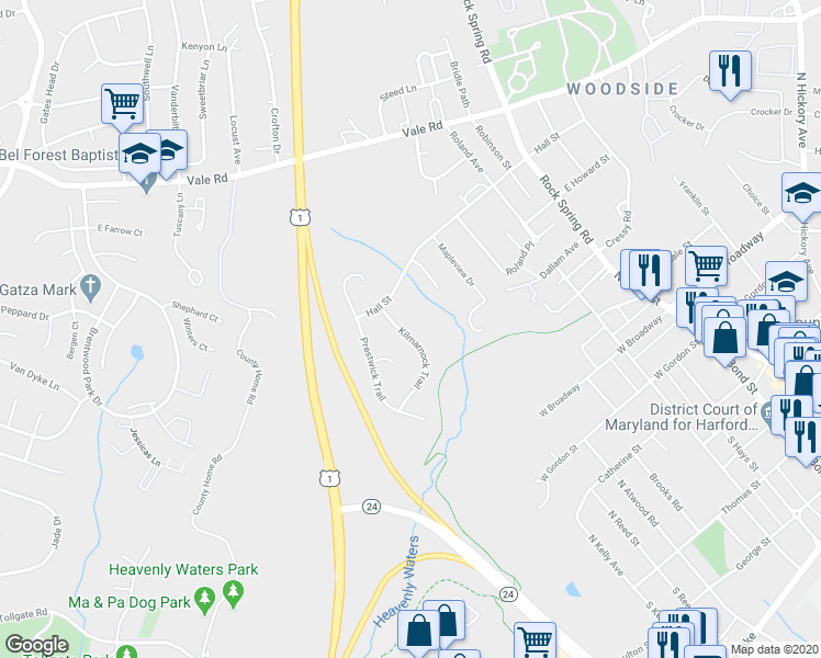 map of restaurants, bars, coffee shops, grocery stores, and more near 621 Kilmarnock Trail in Bel Air