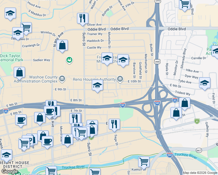 map of restaurants, bars, coffee shops, grocery stores, and more near in Reno