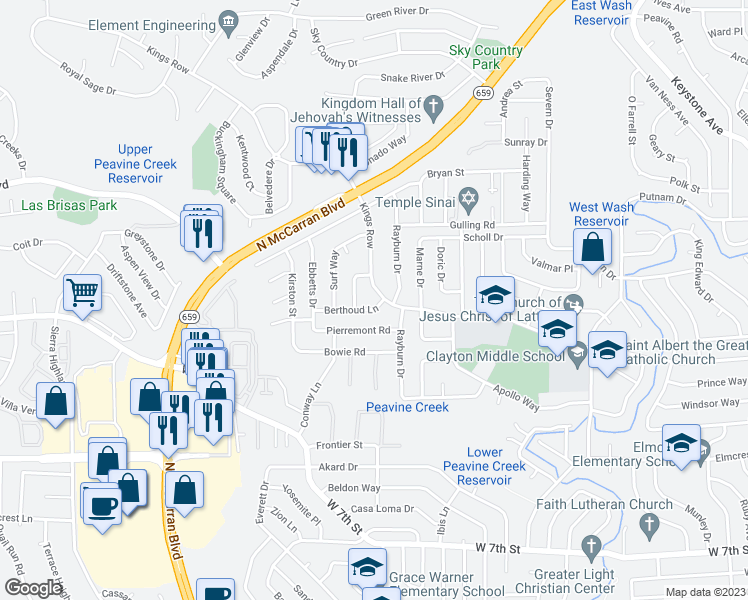 map of restaurants, bars, coffee shops, grocery stores, and more near 3220 Kings Row in Reno
