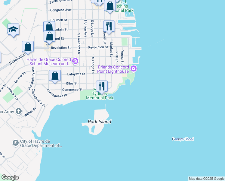map of restaurants, bars, coffee shops, grocery stores, and more near 300 Commerce Street in Havre de Grace