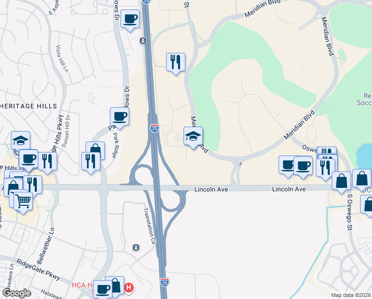 map of restaurants, bars, coffee shops, grocery stores, and more near 9785 Pyramid Court in Englewood