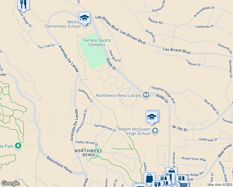 map of restaurants, bars, coffee shops, grocery stores, and more near 2425 Bentley Drive in Reno