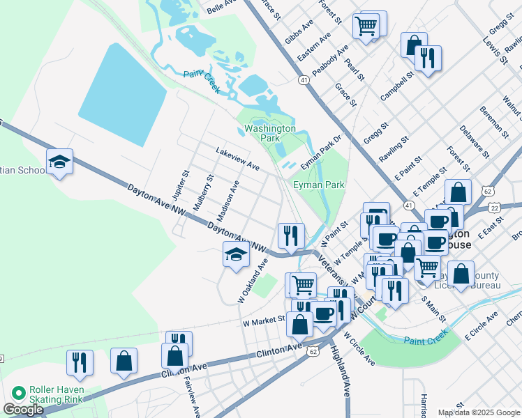 map of restaurants, bars, coffee shops, grocery stores, and more near 420 West Oakland Avenue in Washington Court House