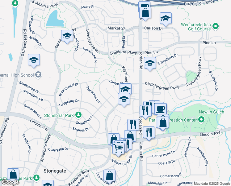 map of restaurants, bars, coffee shops, grocery stores, and more near 16550 Stonebriar Drive in Parker