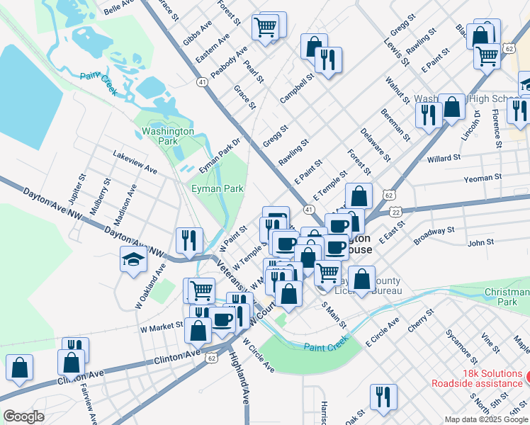 map of restaurants, bars, coffee shops, grocery stores, and more near 121 East Paint Street in Washington Court House