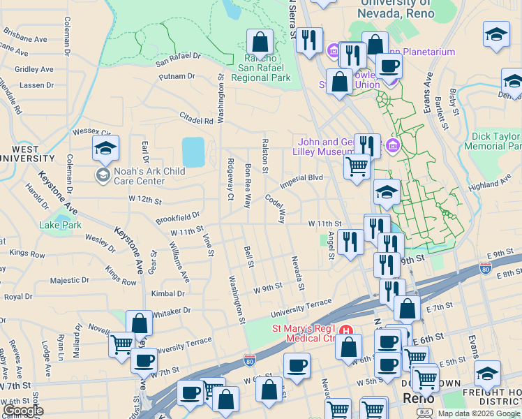 map of restaurants, bars, coffee shops, grocery stores, and more near 535 West 11th Street in Reno