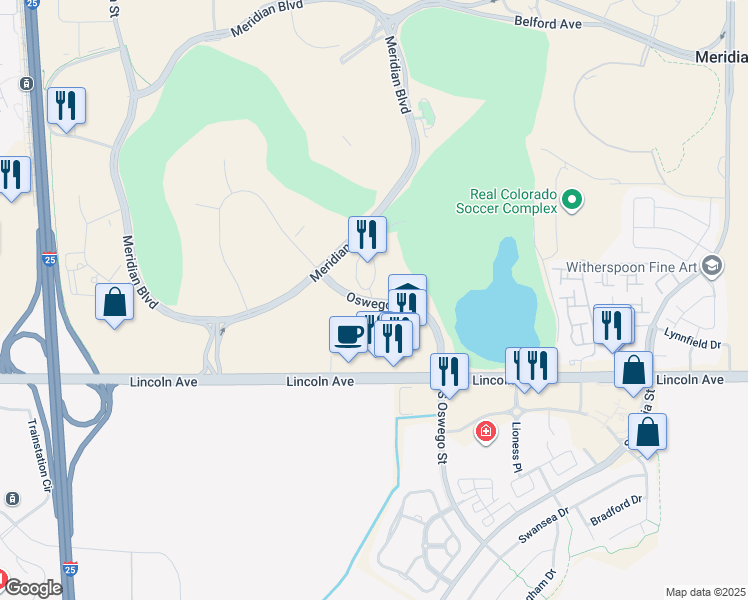 map of restaurants, bars, coffee shops, grocery stores, and more near 11781 Oswego Street in Englewood