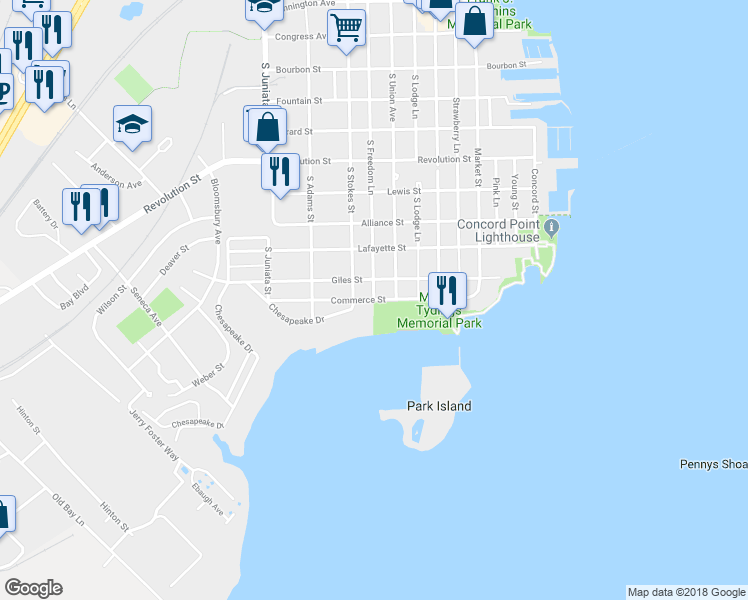 map of restaurants, bars, coffee shops, grocery stores, and more near 400 Commerce Street in Havre de Grace