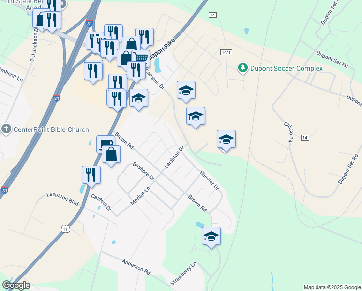 map of restaurants, bars, coffee shops, grocery stores, and more near 10 Teague Lane in Martinsburg