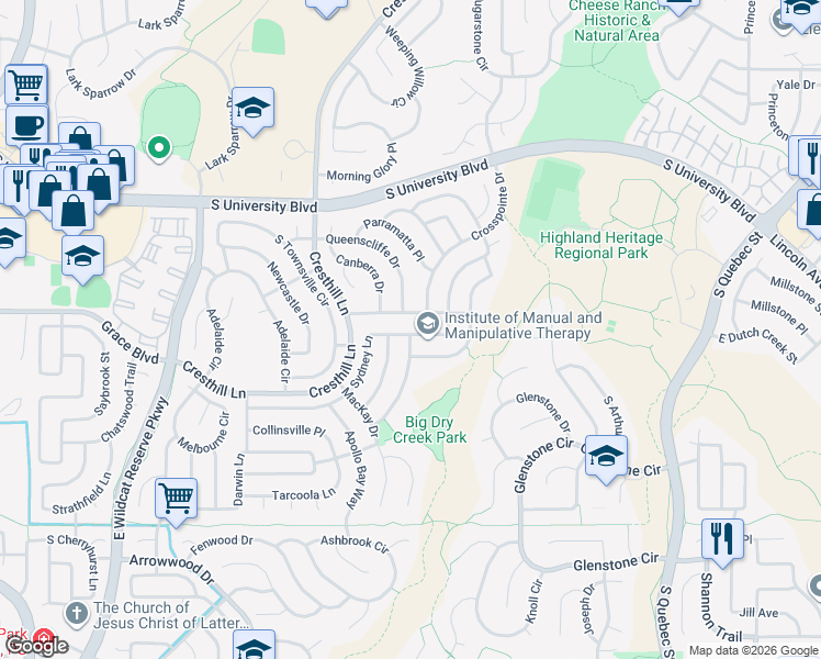 map of restaurants, bars, coffee shops, grocery stores, and more near 9800 Sydney Lane in Littleton