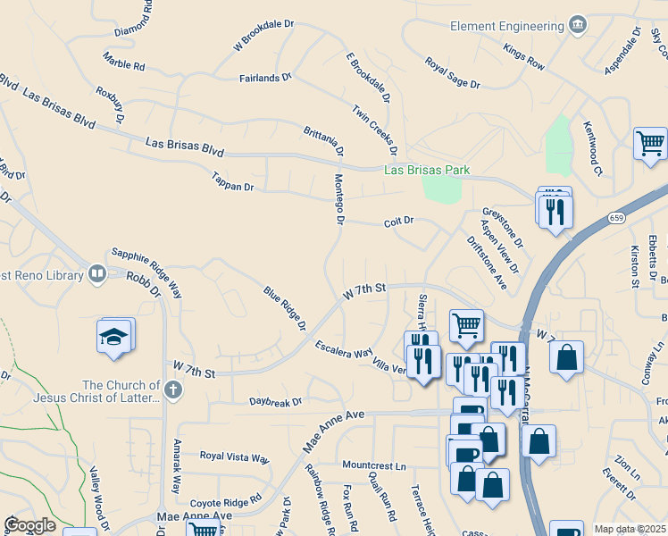 map of restaurants, bars, coffee shops, grocery stores, and more near 2535 Rio Rico Court in Reno