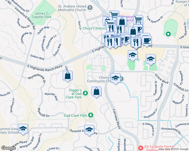 map of restaurants, bars, coffee shops, grocery stores, and more near 9680 Dunning Circle in Highlands Ranch