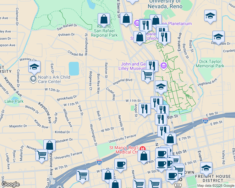 map of restaurants, bars, coffee shops, grocery stores, and more near 1101 The Strand in Reno