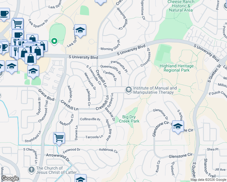 map of restaurants, bars, coffee shops, grocery stores, and more near 9802 Bathurst Way in Littleton