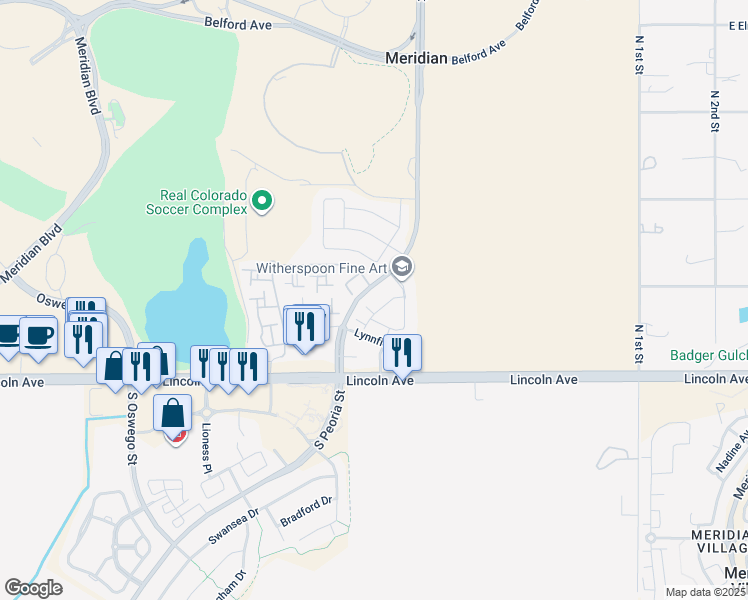 map of restaurants, bars, coffee shops, grocery stores, and more near 12834 Mayfair Way in Englewood