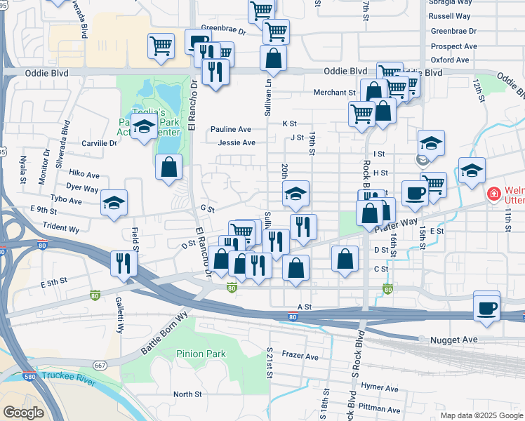 map of restaurants, bars, coffee shops, grocery stores, and more near 445 Sullivan Lane in Sparks