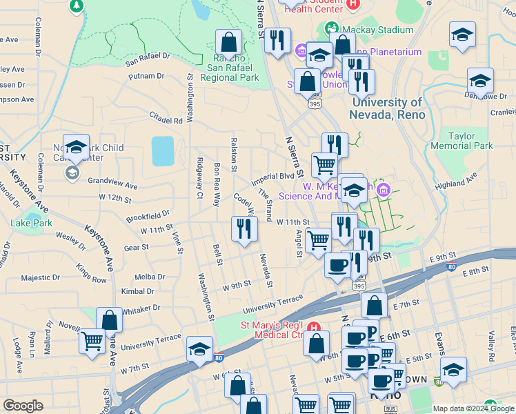 map of restaurants, bars, coffee shops, grocery stores, and more near 1101 The Strand in Reno