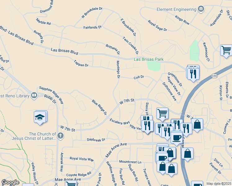 map of restaurants, bars, coffee shops, grocery stores, and more near 2535 Rio Rico Court in Reno
