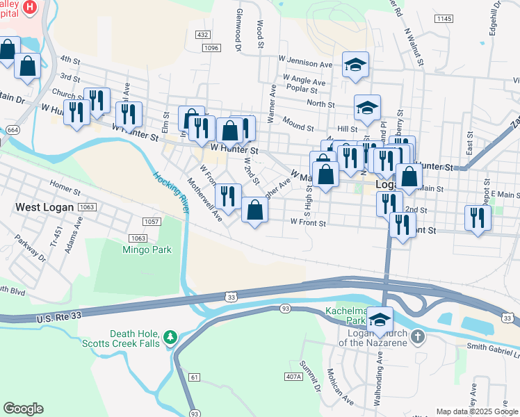 map of restaurants, bars, coffee shops, grocery stores, and more near 334 West Front Street in Logan