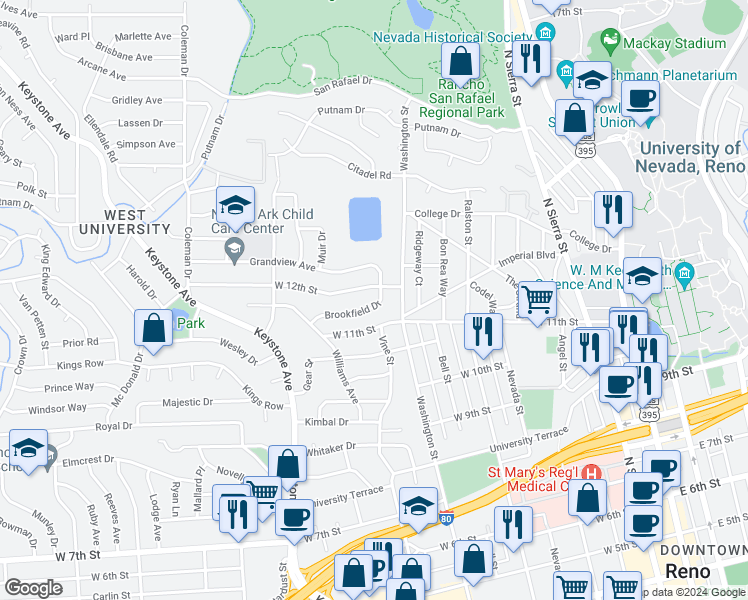 map of restaurants, bars, coffee shops, grocery stores, and more near 735 Brookfield Drive in Reno