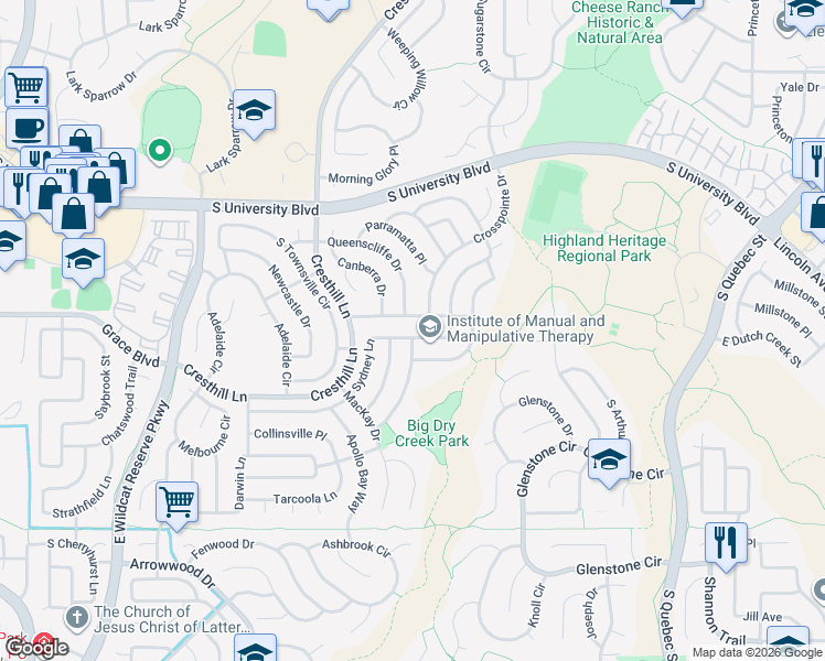 map of restaurants, bars, coffee shops, grocery stores, and more near 9800 Sydney Lane in Littleton