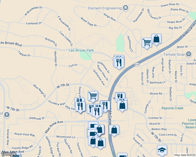 map of restaurants, bars, coffee shops, grocery stores, and more near 5148 Driftstone Avenue in Reno