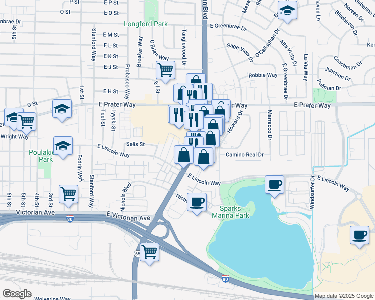 map of restaurants, bars, coffee shops, grocery stores, and more near 674 Oakwood Drive in Sparks